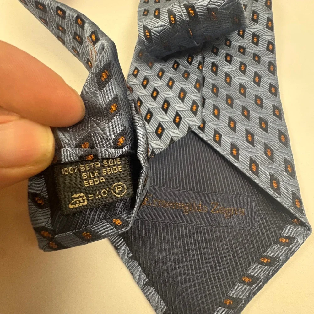 Ermenegildo Zegna Silk Tie Mens OS Blue Grey Geometric Diamond Made in Italy